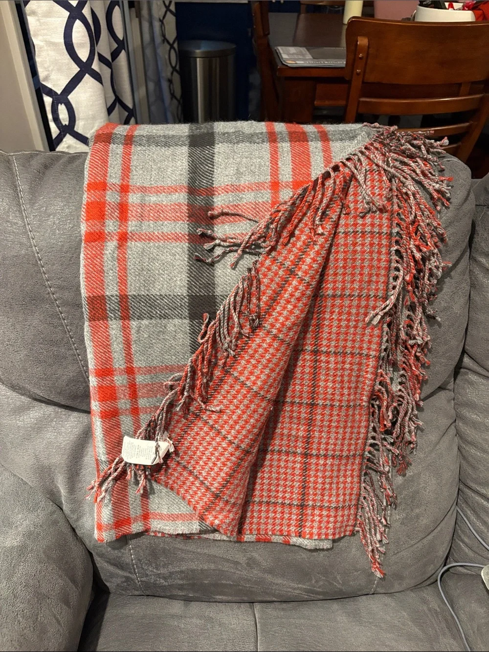 Pottery Barn Whitaker Gray and Red Plaid Reversible Throw